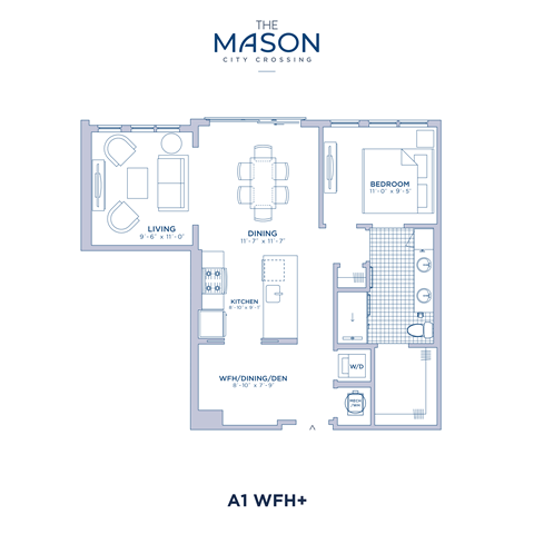 Floor plan for 1 bed, 1 bath, 837 sqft